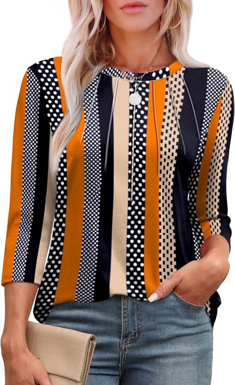 XIEERDUO 3/4 Length Sleeve Womens Tops Round Neck Casual Tunic Tops Basic Pleated Shirts Loose Fit 2026