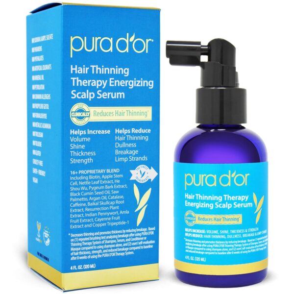 PURA D'OR Hair Thinning Therapy Energizing Scalp Serum 4oz w/Copper Tripeptide, Biotin, Caffeine, Plant Stem Cell, Catalase & DHT Balance, Rosemary Green Tea Leaf Extract, All Hair Types, Men Women
