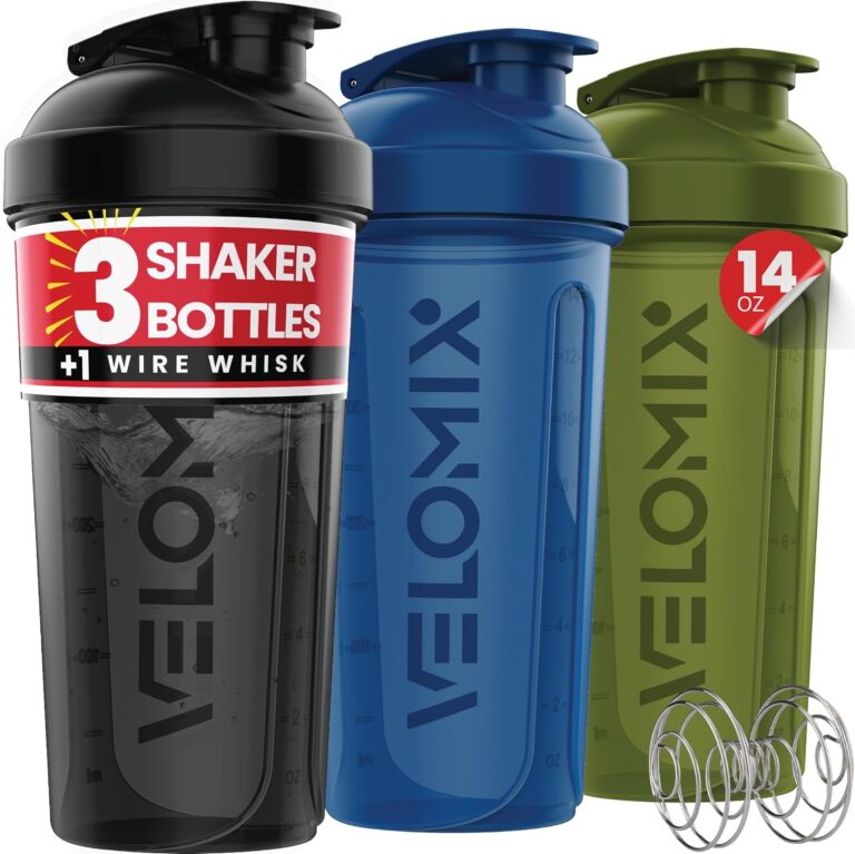 VELOMIX 3 Pack 14oz Protein Shaker Bottle, Green, Black, Blue | Wire Whisk Included, Leak Proof Shaker Cups for Protein Shakes, Stackable, Dishwasher Safe, BPA Free, Gym Bag Ready