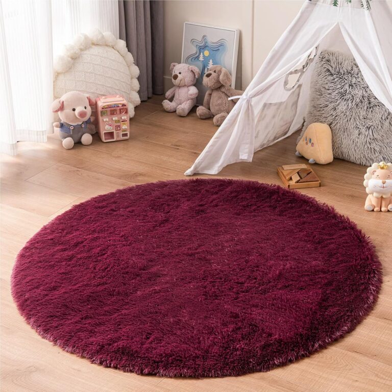 duduta Burgundy Plush Round Rug 4x4 ft, Fluffy Shag Rugs for Bedroom Classroom Nursery Playroom Dorm Decor, Washable Non Slip