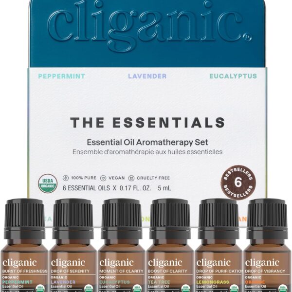Cliganic Organic Aromatherapy Essential Oils Set (Top 6 - The Essentials), 100% Pure Natural - Peppermint, Lavender, Eucalyptus, Tea Tree, Lemongrass & Orange (Packaging May Vary)