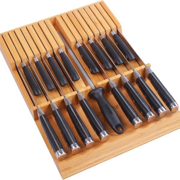 Utoplike In-drawer Knife Block Bamboo Kitchen Knife Drawer Organizer Large, handle Steak knife Holder without Knives, Fit for 16 Knife and 1 Sharpening Steel (Knives & Sharpening Not Included)