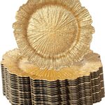 MDH 100 Pcs Charger Plates Bulk 13 Inch/Gold Plate 13 in Round Matte Reef Plate Ruffled Rim Dinner Charger Hollow out Flower Holde (100)