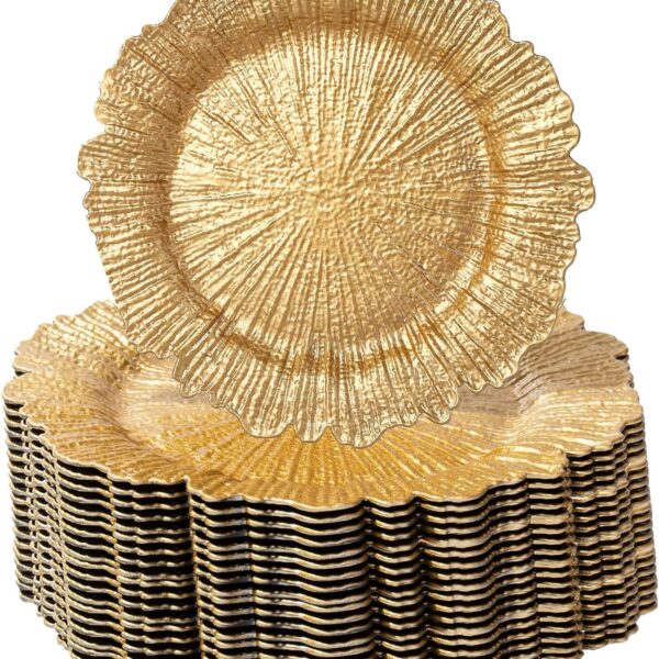 MDH 100 Pcs Charger Plates Bulk 13 Inch/Gold Plate 13 in Round Matte Reef Plate Ruffled Rim Dinner Charger Hollow out Flower Holde (100)