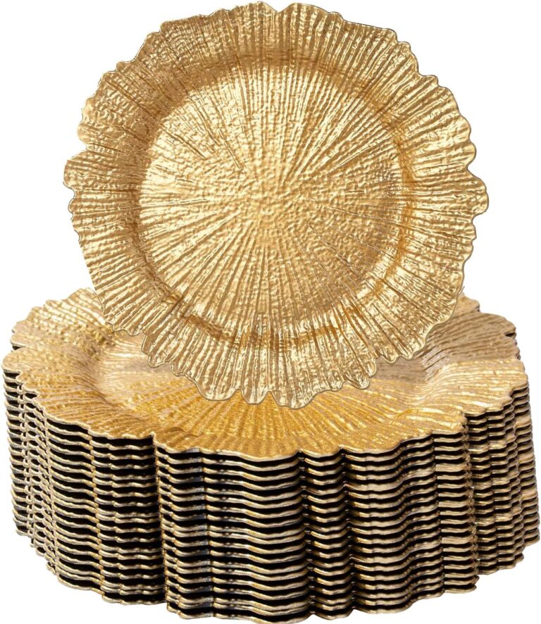 MDH 100 Pcs Charger Plates Bulk 13 Inch/Gold Plate 13 in Round Matte Reef Plate Ruffled Rim Dinner Charger Hollow out Flower Holde (100)