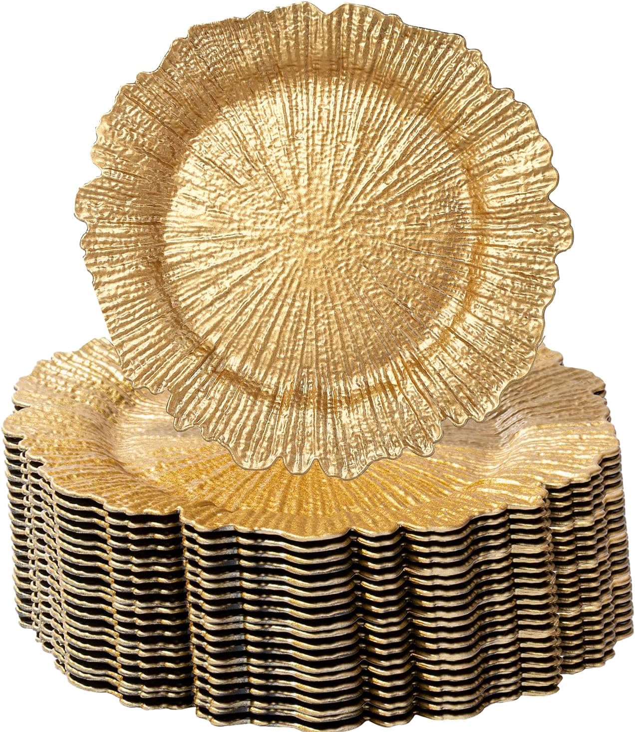 MDH 100 Pcs Charger Plates Bulk 13 Inch/Gold Plate 13 in Round Matte Reef Plate Ruffled Rim Dinner Charger Hollow out Flower Holde (100) MDH 100 Pcs Charger Plates Bulk 13 Inch/Gold Plate 13 in Round Matte Reef Plate Ruffled Rim Dinner Charger Hollow out Flower Holde (100)