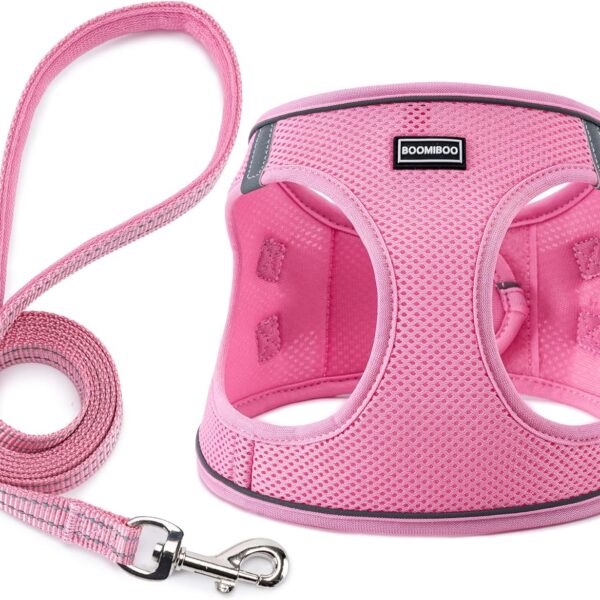 BOOMIBOO Dog Harness with Leash Set, No Pull Adjustable Reflective Step-in Puppy Pet Vest Harnesses for Small Medium Large Dogs and Cats,Pink S