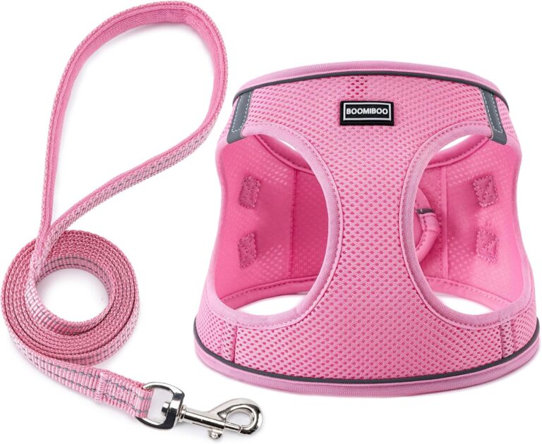 BOOMIBOO Dog Harness with Leash Set, No Pull Adjustable Reflective Step-in Puppy Pet Vest Harnesses for Small Medium Large Dogs and Cats,Pink S