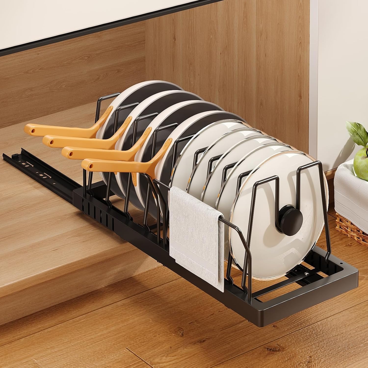 Mustorn Pots and Pans Organizer Under Cabinet, 21.6" Deep Pull Out Pot Lid Organizer Holder with Guardrail Adhesive Pot and Pan Holder Rack with 10 Adjustable Dividers-1 Pack(Black) Mustorn Pots and Pans Organizer Under Cabinet, 21.6" Deep Pull Out Pot Lid Organizer Holder with Guardrail Adhesive Pot and Pan Holder Rack with 10 Adjustable Dividers-1 Pack(Black)
