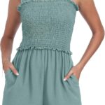 QIXING Women's Summer Casual Rompers Dressy Smocked Loose Comfy Short Jumpsuits Vacation Outfits With Pockets