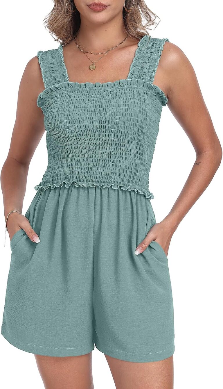 QIXING Women's Summer Casual Rompers Dressy Smocked Loose Comfy Short Jumpsuits Vacation Outfits With Pockets
