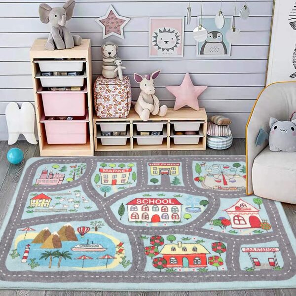 Extra Large Kids Playroom Rug Play Carpet 4 x 6, Blue Educational Childrens Play Mat, Learning & Have Fun Safely Non-Slip Washable Road Traffic Floor Area Carpet, Great for Kids Room Bedroom