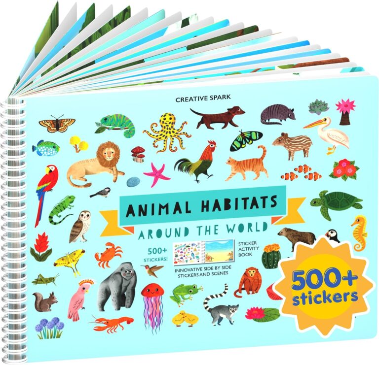 Animals Habitat 500+ Kids Sticker Book by Cupkin Toddler Airplane Travel Activity Coloring and Sticker Book, Road Trip Essentials, 12 Coloring Pages + 12 Scenes for Ages 28 Years