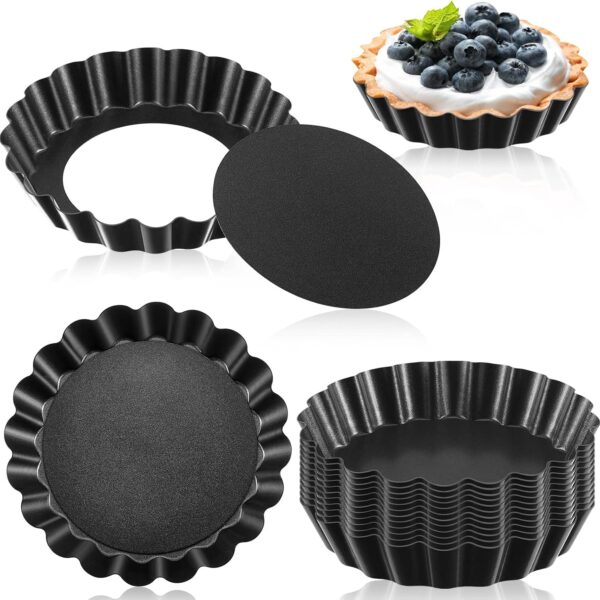 Tessco for you 16 Pcs Mini Tart Pans for Baking, 4 Inch Quiche Pans with Removable Bottom, Nonstick Egg Tartlets Molds Fluted Side Bakeware for Pie Fruit Tart Cheesecake Dessert (Black Gray Round)