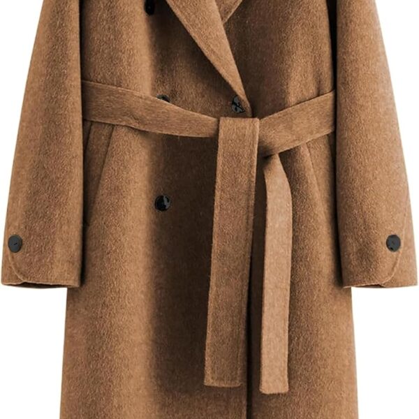 Womens Pea Coats Fall Long Trench Coat Double Breasted Button Down Lapel Belted Peacoat