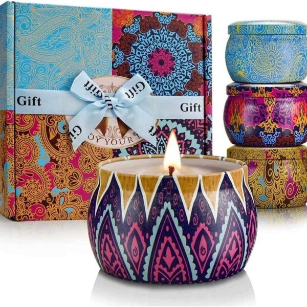 Scented Candles Gift Set for Women, 4 Pack Soy Wax Candles in Classic Bohemian Tins, Aromatherapy Candle Set, Birthday Gifts for Mom, Thank You Gifts
