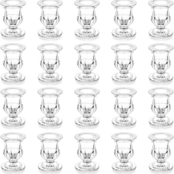 20 Pcs Glass Taper Candle Holders - Romadedi Clear Small Candlestick Holder Bulk, Thicker Glass Candle Sticks Set for Wedding Christmas Party Dining Table Table Centerpiece Decor
