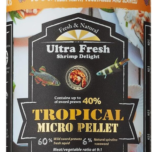 Ultra Fresh Tetra Fish Food, Slow Sinking, All Natural Ingredients, Wild Sword Prawns, Spirulina, Color Enhancement, Small Granules , Tropical Micro Pellet 1.87 oz