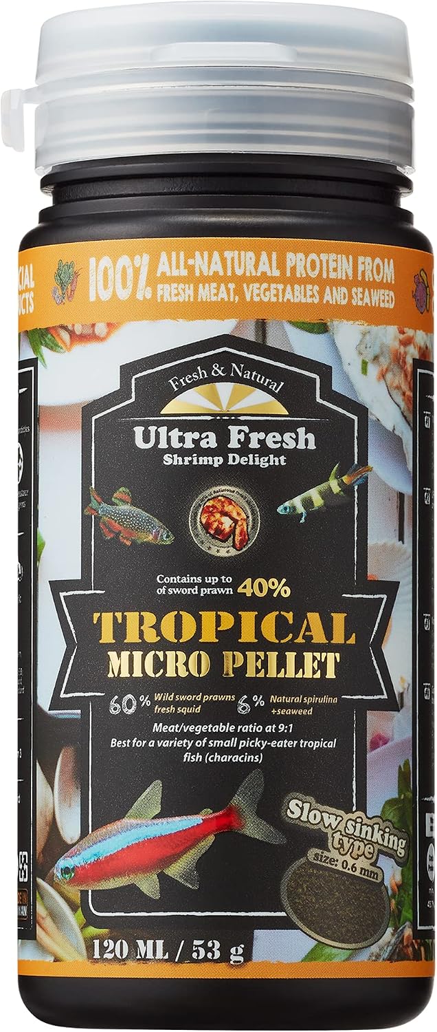 Ultra Fresh Tetra Fish Food, Slow Sinking, All Natural Ingredients, Wild Sword Prawns, Spirulina, Color Enhancement, Small Granules , Tropical Micro Pellet 1.87 oz Ultra Fresh Tetra Fish Food, Slow Sinking, All Natural Ingredients, Wild Sword Prawns, Spirulina, Color Enhancement, Small Granules , Tropical Micro Pellet 1.87 oz