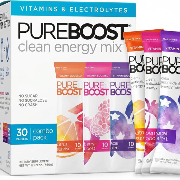 Pureboost Sugar-Free Clean Energy Booster, Combo Pack 30 Count, Refreshing Energy Drink Mix with B12 Vitamins, Electrolytes, Antioxidants, No Sucralose