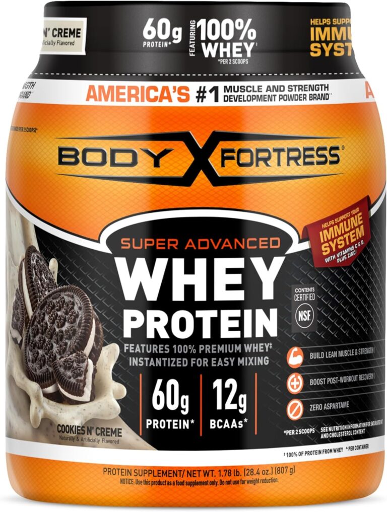 Body Fortress Super Advanced Whey Protein Powder, Cookies N Creme, 60g Protein & 12g BCAAs Per 2 Scoops, Muscle Gain & Recovery, Immune Support with Vitamins C & D, 1.78lbs (Packaging May Vary)