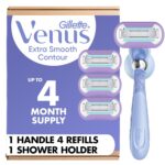 Gillette Venus Razor for Women, Extra Smooth Contour, Includes 1 Reusable Razor Handle + 4 Count 5-Bladed Razor Refills, with Flexiball Pivoting Handle and Shower Holder