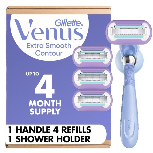 Gillette Venus Razor for Women, Extra Smooth Contour, Includes 1 Reusable Razor Handle + 4 Count 5-Bladed Razor Refills, with Flexiball Pivoting Handle and Shower Holder