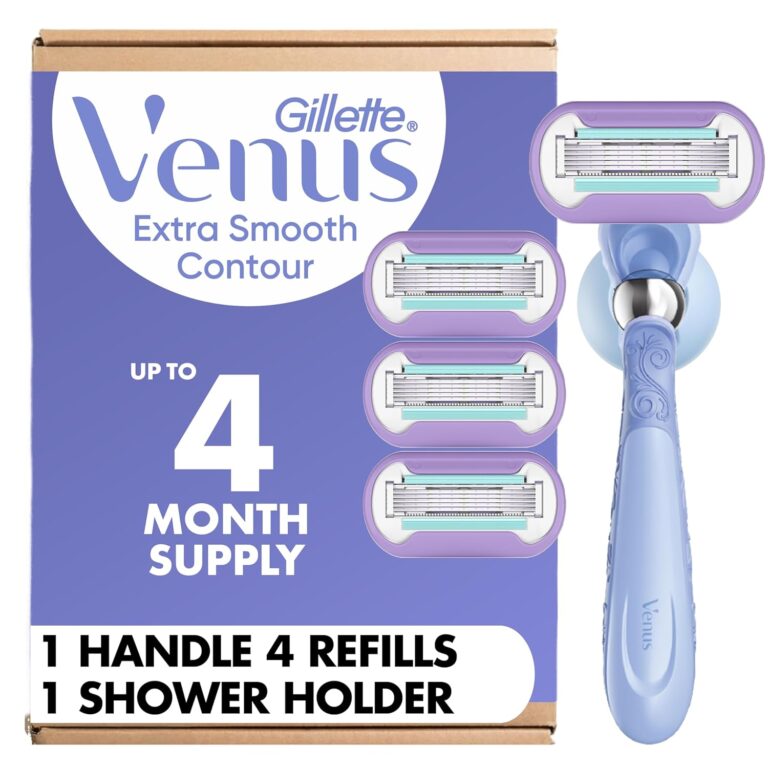 Gillette Venus Razor for Women, Extra Smooth Contour, Includes 1 Reusable Razor Handle + 4 Count 5-Bladed Razor Refills, with Flexiball Pivoting Handle and Shower Holder