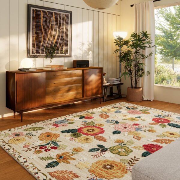 8x10 Area Rugs for Living Room: Washable Rug Non Slip Low Pile Soft Faux Wool Non Shedding Distressed Vintage Floral Large Area Rugs for Bedroom Dining Room Nursery Under Table Farmhouse Home Office