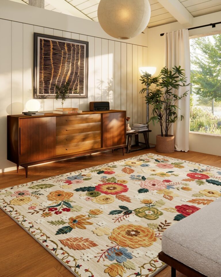 8x10 Area Rugs for Living Room: Washable Rug Non Slip Low Pile Soft Faux Wool Non Shedding Distressed Vintage Floral Large Area Rugs for Bedroom Dining Room Nursery Under Table Farmhouse Home Office