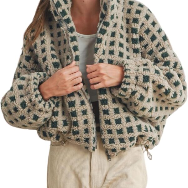 Esmeling Womens Long Sleeve Cropped Sherpa Fleece Plaid Jacket Casual Chunky Teddy Fleece Outerwear