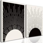 Hwetui Framed Boho Sun Wall Art Set of 2 Black and White Minimalist Sunrise Canvas Prints Abstract Sunshine Painting Geometric Line Pictures Home Decor for Living Room Bedroom Bathroom 12x16in