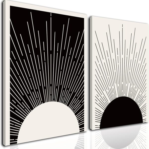 Hwetui Framed Boho Sun Wall Art Set of 2 Black and White Minimalist Sunrise Canvas Prints Abstract Sunshine Painting Geometric Line Pictures Home Decor for Living Room Bedroom Bathroom 12x16in