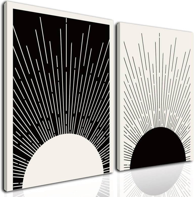 Hwetui Framed Boho Sun Wall Art Set of 2 Black and White Minimalist Sunrise Canvas Prints Abstract Sunshine Painting Geometric Line Pictures Home Decor for Living Room Bedroom Bathroom 12x16in