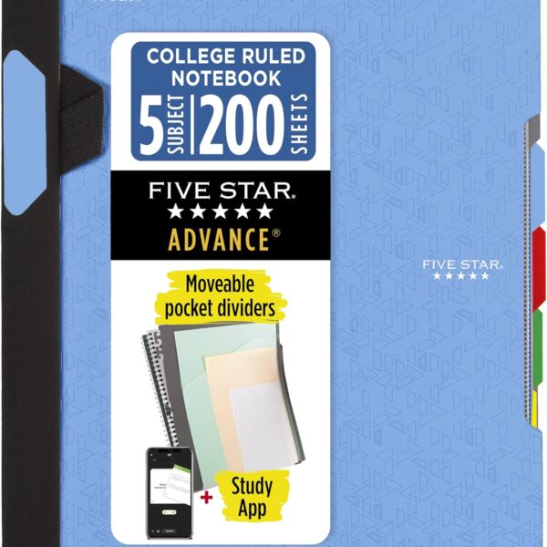 Five Star Advance Spiral Notebook + Study App, 5 Subject, College Ruled Paper, 8-1/2" x 11", 200 Sheets, Spiral Guard, Movable Tabbed Dividers, Pacific Blue (73150)