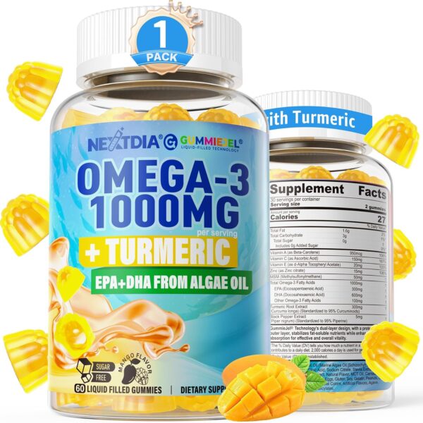 Omega-3 Gummies 1000mg + Turmeric, Fish Oil Alternative for Adults, 60Ct | Vegan Sugar Free, Algae DHA 600mg + EPA 300mg(3:1), Vitamins A C E, Zinc & MSM