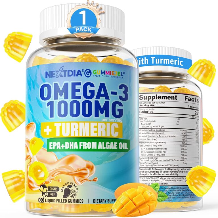 Omega-3 Gummies 1000mg + Turmeric, Fish Oil Alternative for Adults, 60Ct | Vegan Sugar Free, Algae DHA 600mg + EPA 300mg(3:1), Vitamins A C E, Zinc & MSM