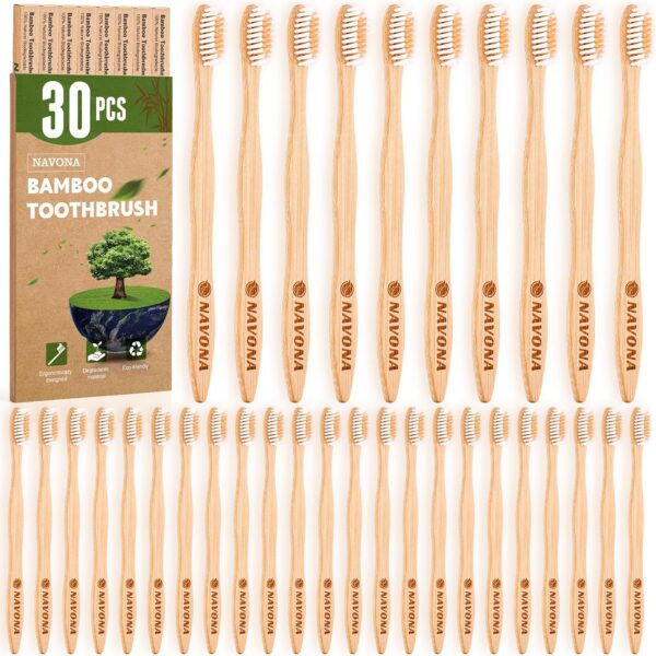 Navona 30 PCS Bamboo Toothbrushes Pack, BPA Free Medium Soft Bristles Toothbrushes for Adults, Eco-Friendly Natural Wooden Toothbrush Bulk, Box of Two Reusable Travel Toothbrush