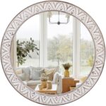 24" Round Mirror Farmhouse Wooden Frame Circle Mirrors, Rustic Decorative Distressed Wall Mounted Mirror for Bathroom, Bedroom, Living Room, Entryway, Fireplace, Hall
