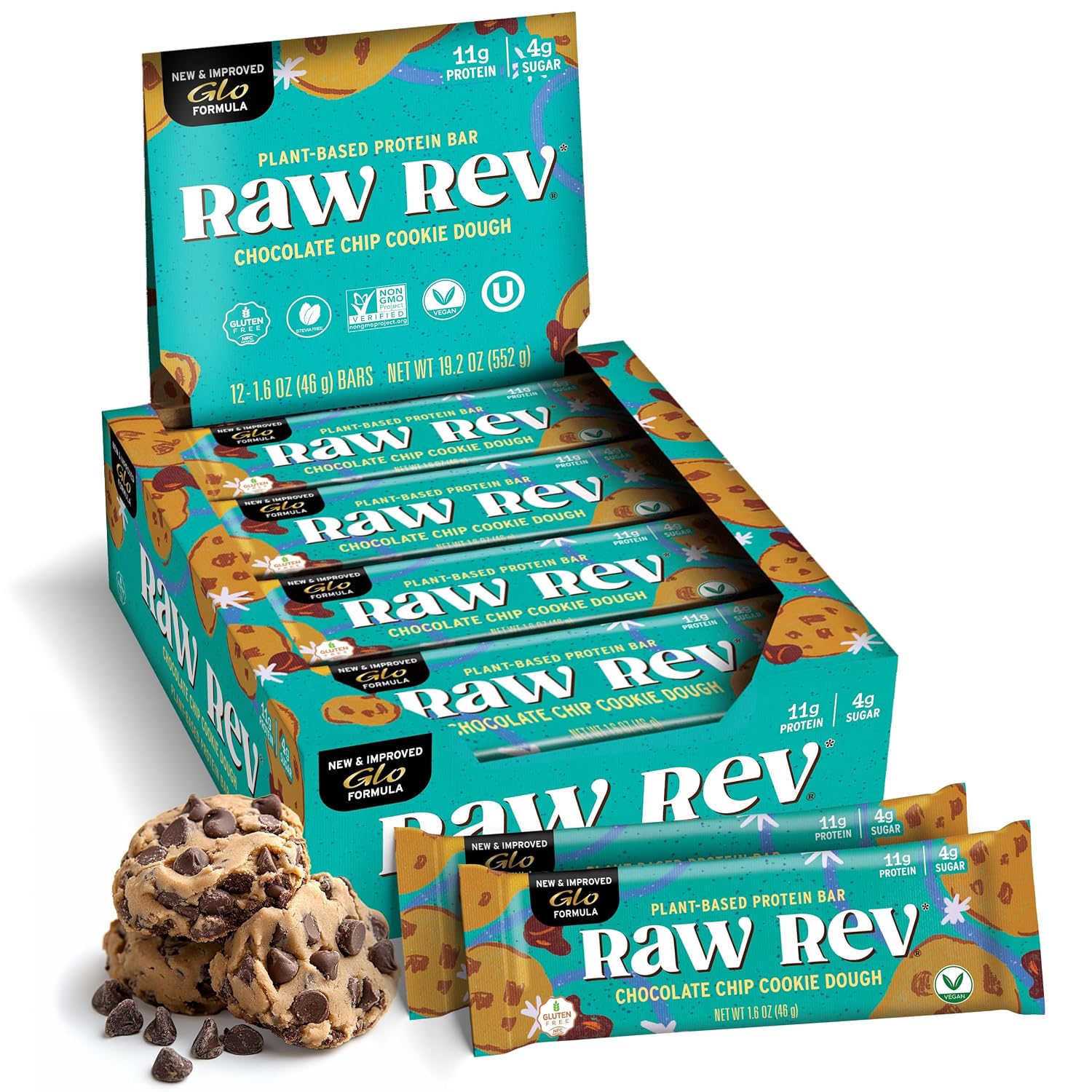 Raw Rev Glo Protein Bar, Chocolate Chip Cookie Dough, 12 Bars | Vegan & Dairy-Free Protein Bar | Gluten-Free | Plant-Based | No Sugar Alcohols | Kosher | Keto-Friendly Raw Rev Glo Protein Bar, Chocolate Chip Cookie Dough, 12 Bars | Vegan & Dairy-Free Protein Bar | Gluten-Free | Plant-Based | No Sugar Alcohols | Kosher | Keto-Friendly