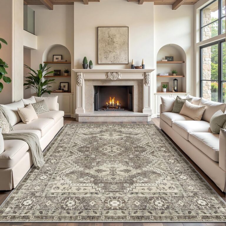 Rugland 8x10 Area Rugs - Stain Resistant Washable Rug, Anti Slip Backing Rugs for Living Room, Vintage Tribal Area Rugs (TPR07-Ivory, 8'x10')