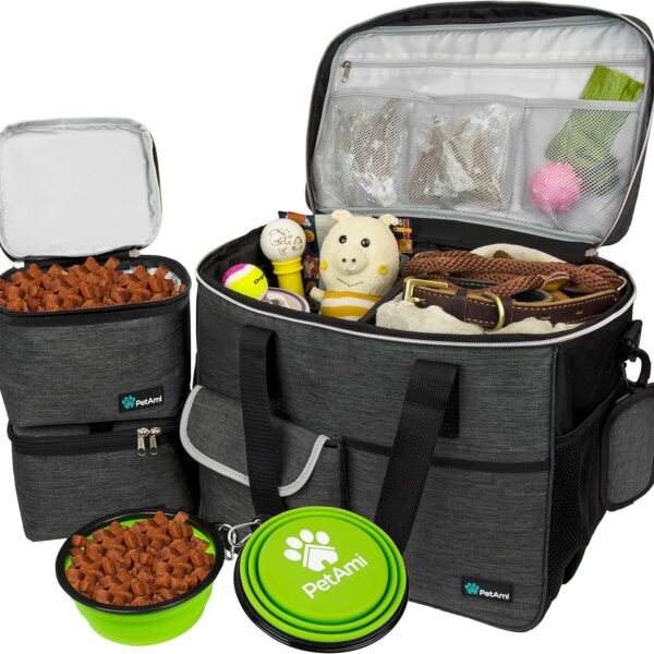 PetAmi Dog Travel Bag Organizer, Pet Travel Kit with 2 Food Containers & 2 Collapsible Dog Bowls, Pet Supplies Tote with Luggage Sleeve, Weekend Road Trip Camping Essentials, Dark Gray, Large