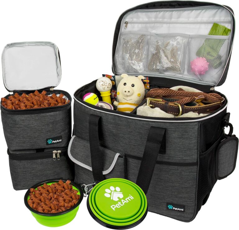 PetAmi Dog Travel Bag Organizer, Pet Travel Kit with 2 Food Containers & 2 Collapsible Dog Bowls, Pet Supplies Tote with Luggage Sleeve, Weekend Road Trip Camping Essentials, Dark Gray, Large