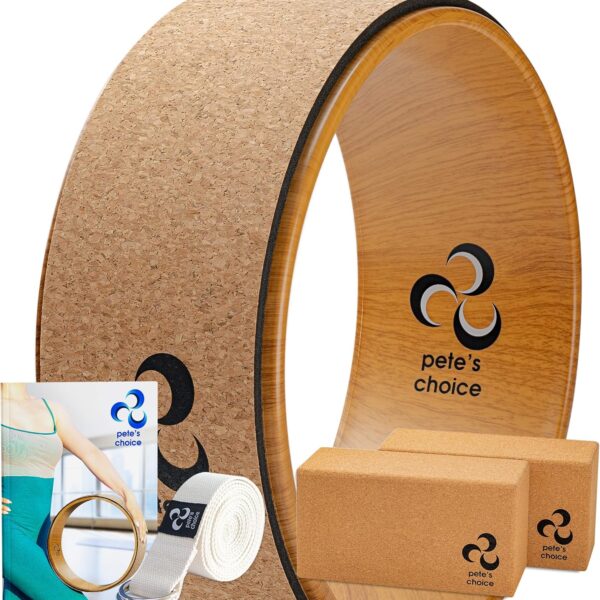 Deluxe Cork Yoga Wheel Set - Back Roller, 2 Cork Blocks & Strap | Natural Cork Back Roller with Extra-Firm Blocks & Exercise Guide - Eco-Friendly Support for Deeper Stretches