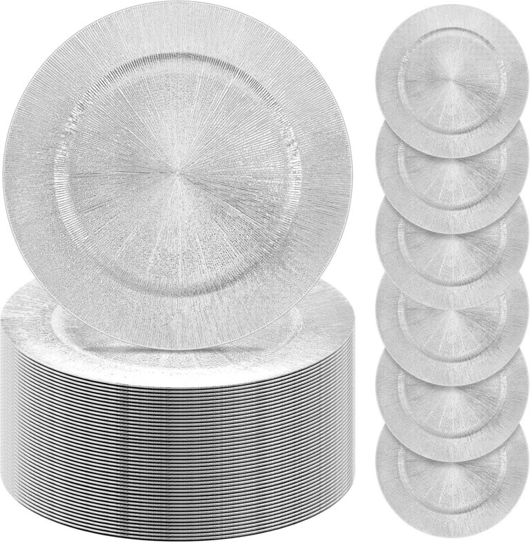 Tanlade 100 Pcs Silver Charger Plates Bulk, 13" Round Plastic Dinner Charger Plate, Shiny Silver Table Chargers Serving Plate Catering Tabletop for Thanksgiving Halloween Christmas Wedding Party Decor