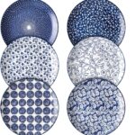 Selamica 8 inch Porcelain Dinner Plates, Large Size Serving Plate for Salad, Pancakes, Steak, Set of 6, Vintage Blue