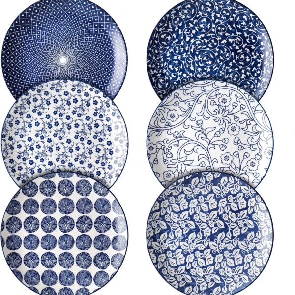 Selamica 8 inch Porcelain Dinner Plates, Large Size Serving Plate for Salad, Pancakes, Steak, Set of 6, Vintage Blue