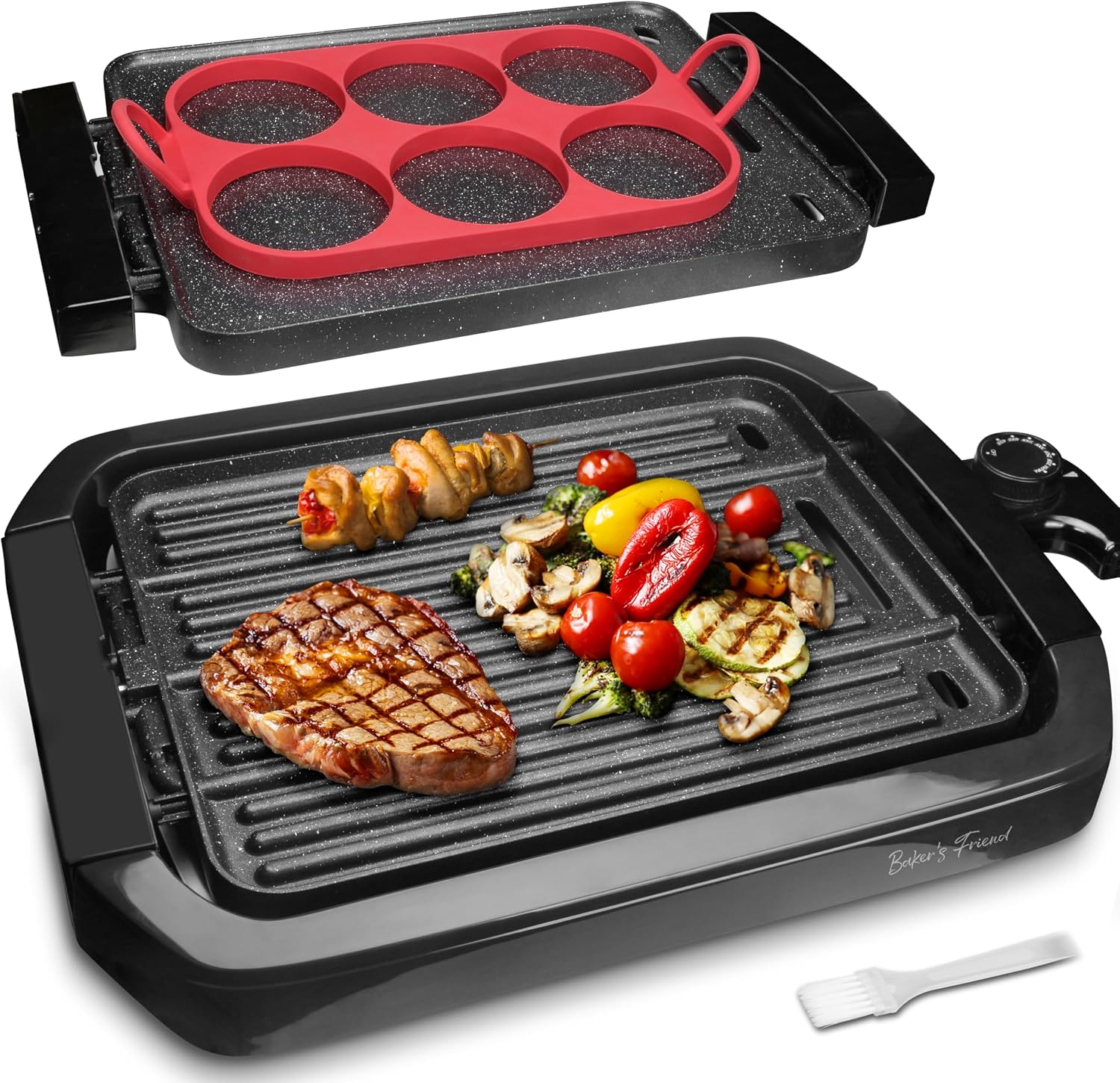 Bakers Friend Indoor Griddle & Grill, Electric Griddle with 2 in 1 Indoor Grill and Griddle Plate Indoor Grill with Removable Plate, Silicone Mold, Dishwasher Safe, Recipes Include, Graphite Bakers Friend Indoor Griddle & Grill, Electric Griddle with 2 in 1 Indoor Grill and Griddle Plate Indoor Grill with Removable Plate, Silicone Mold, Dishwasher Safe, Recipes Include, Graphite