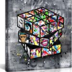 SIXTTART Banksy Canvas Wall-Art for Bedroom - Street Graffiti Wall Art Abstract Painting Pop Art Wall Decor Modern Home Office Decor 14" W x14 H Stretched and Framed Ready to Hang