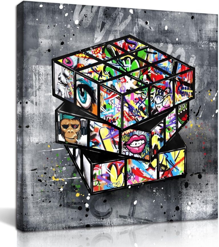 SIXTTART Banksy Canvas Wall-Art for Bedroom - Street Graffiti Wall Art Abstract Painting Pop Art Wall Decor Modern Home Office Decor 14" W x14 H Stretched and Framed Ready to Hang
